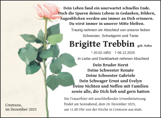 Traueranzeige von Brigitte Trebbin von Uckermark Kurier Prenzlauer Zeitung