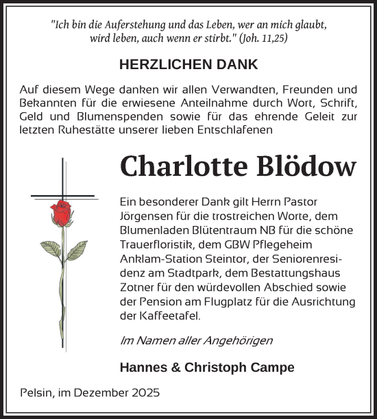 Traueranzeige von Charlotte Blödow von Nordkurier Vorpommern Kurier