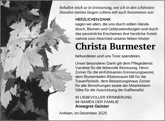 Traueranzeige von Christa Burmester von Nordkurier Vorpommern Kurier