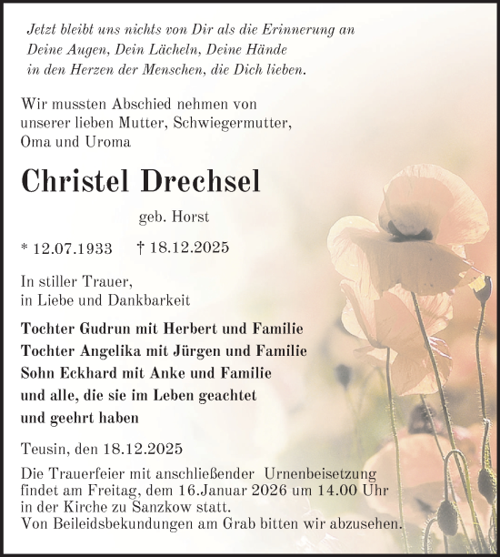 Traueranzeige von Christel Drechsel von Nordkurier Demminer Zeitung