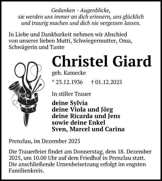 Traueranzeige von Christel Giard von Uckermark Kurier Prenzlauer Zeitung