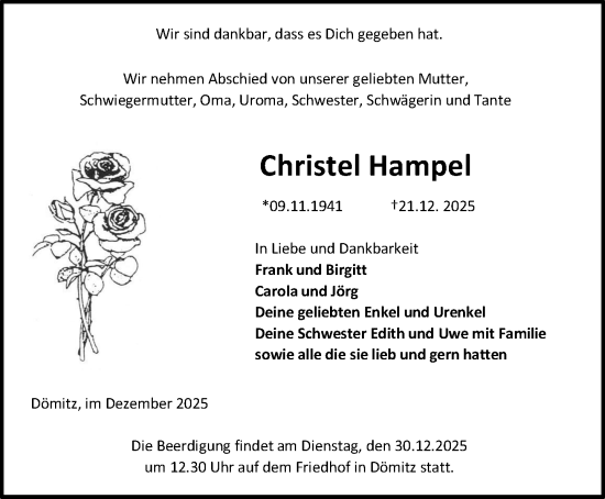 Traueranzeige von Christel Hampel von Ludwigsluster Tageblatt