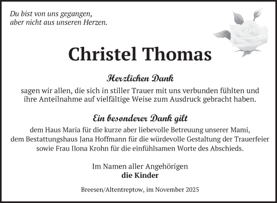 Traueranzeige von Christel Thomas von Nordkurier Neubrandenburger Zeitung