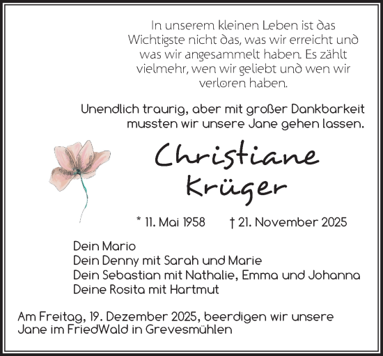 Traueranzeige von Christiane Krüger von Gadebusch - Rehnaer Zeitung
