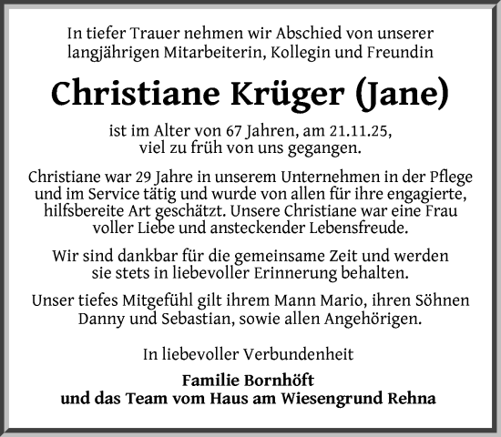 Traueranzeige von Christiane Krüger von Gadebusch - Rehnaer Zeitung
