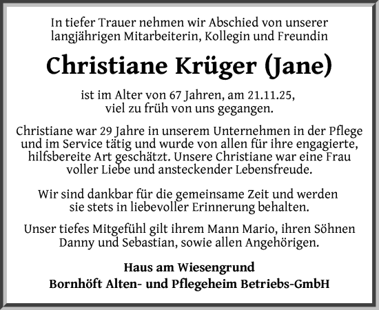 Traueranzeige von Christiane Krüger von Zeitung für die Landeshauptstadt