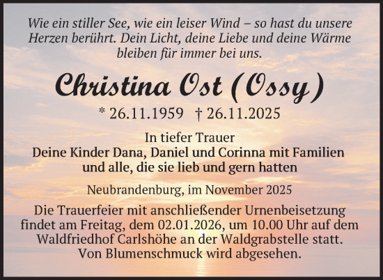 Traueranzeige von Christina Ost von Nordkurier Neubrandenburger Zeitung
