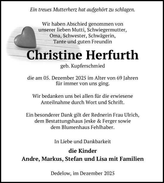 Traueranzeige von Christine Herfurth von Uckermark Kurier Prenzlauer Zeitung