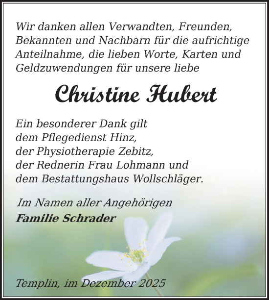 Traueranzeige von Christine Hubert von Uckermark Kurier Templiner Zeitung