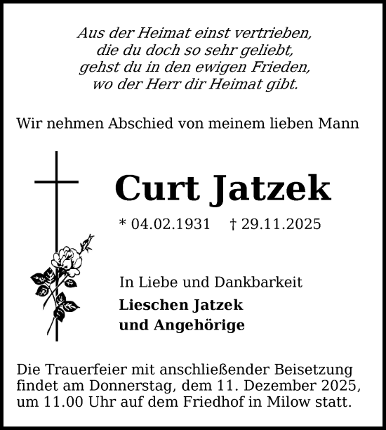 Traueranzeige von Curt Jatzek von Nordkurier Grosso