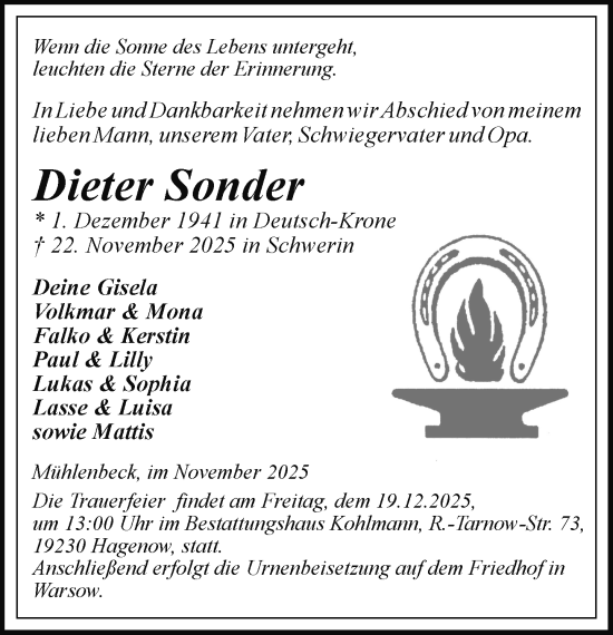 Traueranzeige von Dieter Sonder von Zeitung für die Landeshauptstadt