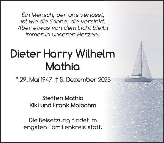 Traueranzeige von Dieter Harry Wilhelm Mathia von Zeitung für die Landeshauptstadt