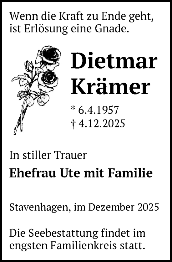 Traueranzeige von Dietmar Krämer von Nordkurier Mecklenburger Schweiz