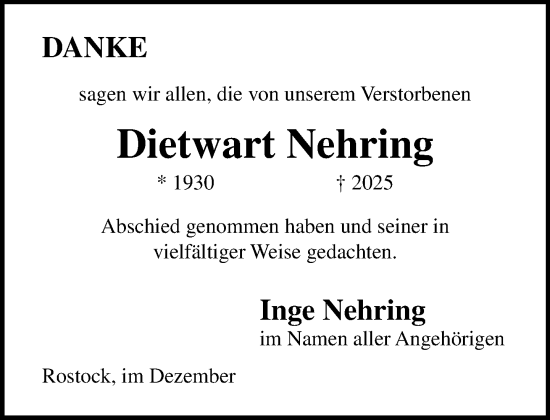 Traueranzeige von Dietwart Nehring von Norddeutsche Neueste Nachrichten