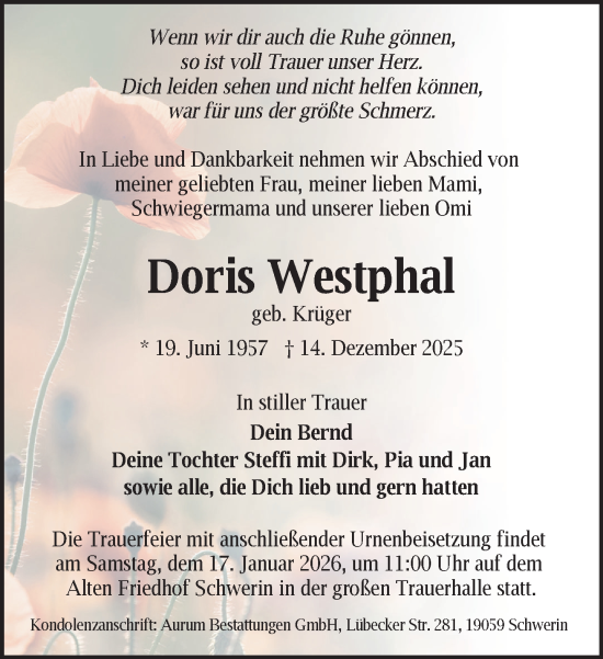 Traueranzeige von Doris Westphal von Zeitung für die Landeshauptstadt