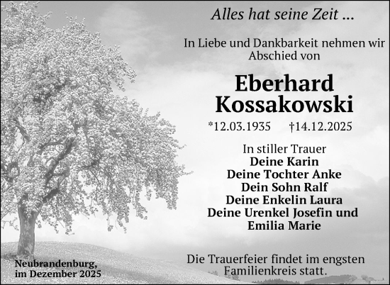 Traueranzeige von Eberhard Kossakowski von Nordkurier Neubrandenburger Zeitung