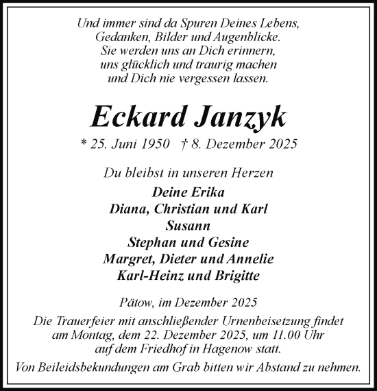 Traueranzeige von Eckard Janzyk von Hagenower Kreisblatt