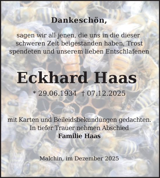 Traueranzeige von Eckhard Haas von Nordkurier Mecklenburger Schweiz