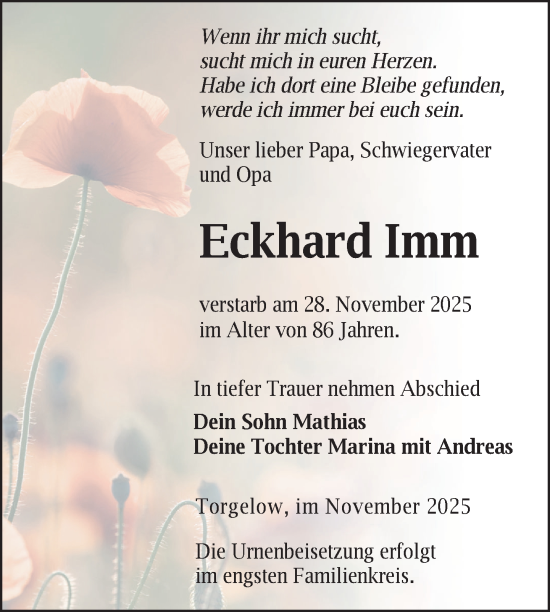 Traueranzeige von Eckhard Imm von Nordkurier Grosso