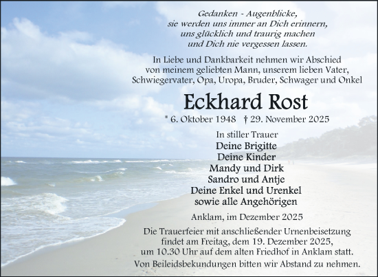 Traueranzeige von Eckhard Rost von Nordkurier Vorpommern Kurier