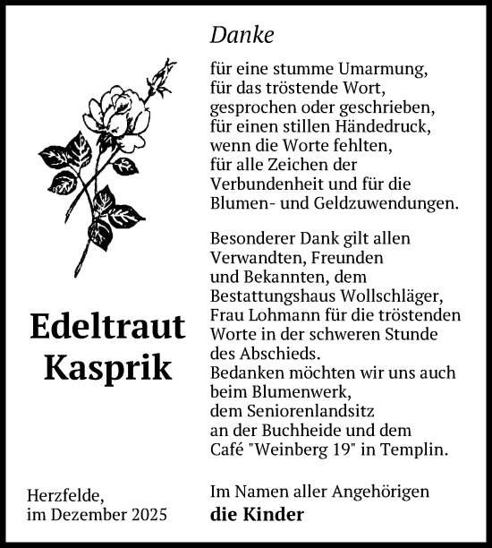 Traueranzeige von Edeltraut Kasprik von Uckermark Kurier Templiner Zeitung