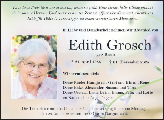 Traueranzeige von Edith Grosch von Nordkurier Mecklenburger Schweiz