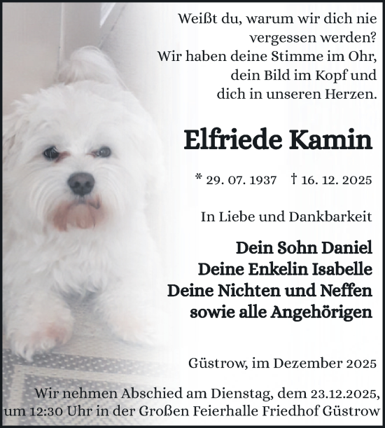 Traueranzeige von Elfriede Kamin von Güstrow und Bützow