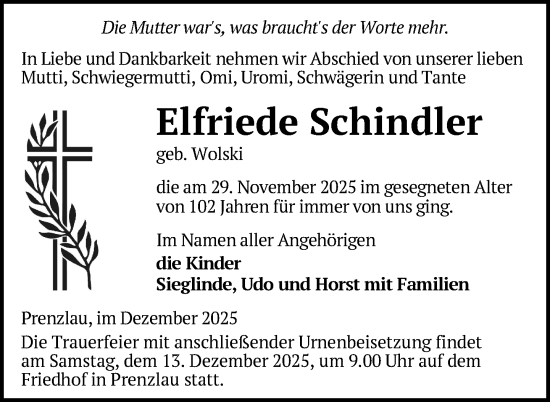 Traueranzeige von Elfriede Schindler von Uckermark Kurier Prenzlauer Zeitung