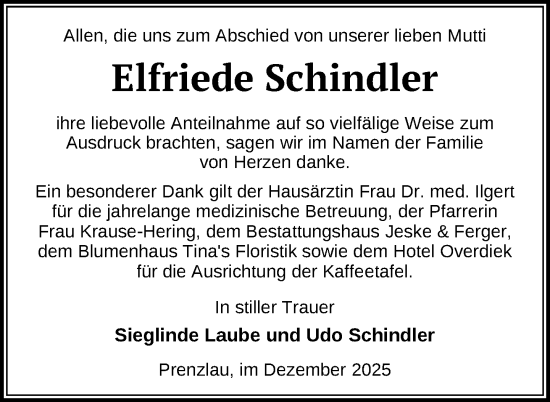 Traueranzeige von Elfriede Schindler von Uckermark Kurier Prenzlauer Zeitung