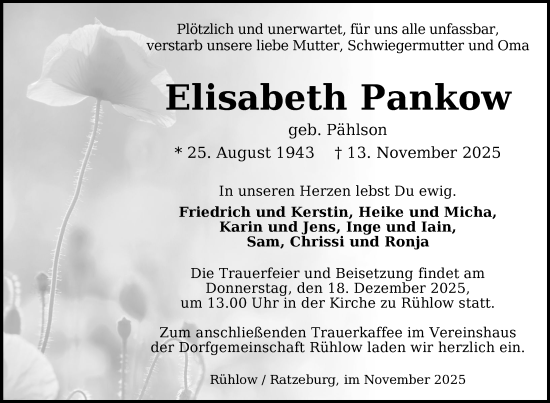 Traueranzeige von Elisabeth Pankow von Nordkurier Neubrandenburger Zeitung