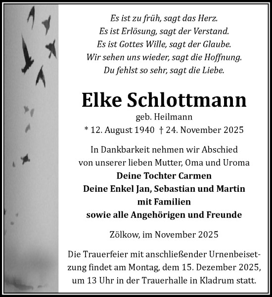 Traueranzeige von Elke Schlottmann von Zeitung für die Landeshauptstadt