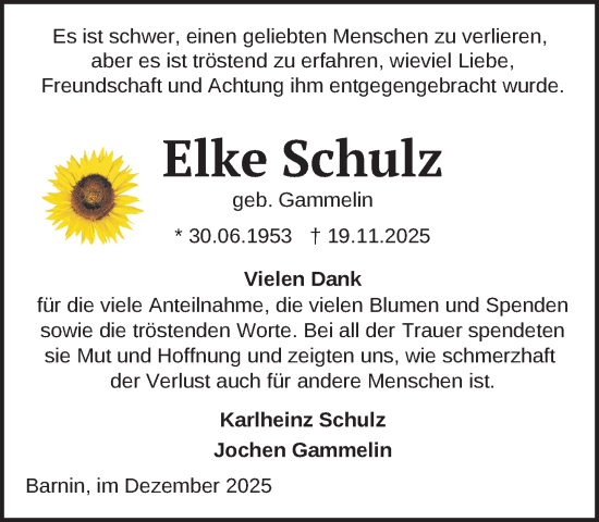 Traueranzeige von Elke Schulz von Zeitung für die Landeshauptstadt