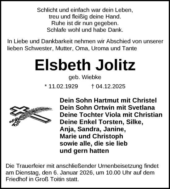 Traueranzeige von Elsbeth Jolitz von Nordkurier Vorpommern Kurier