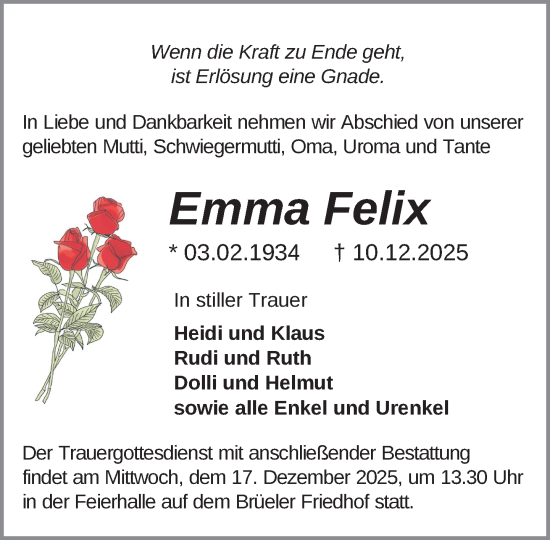 Traueranzeige von Emma Felix von Anzeiger für Sternberg - Brüel - Warin