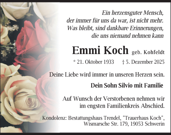 Traueranzeige von Emmi Koch von Zeitung für die Landeshauptstadt