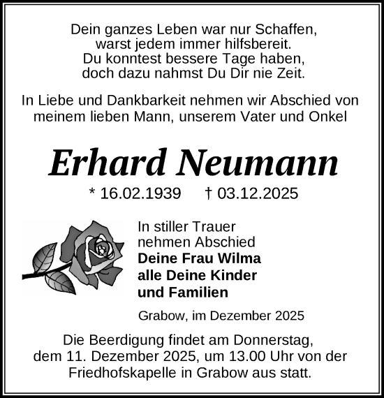Traueranzeige von Erhard Neumann von Ludwigsluster Tageblatt