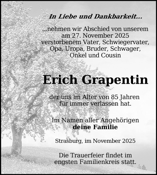 Traueranzeige von Erich Grapentin von Nordkurier Grosso