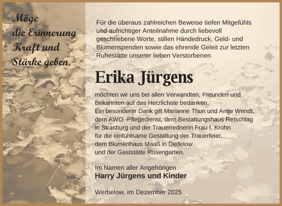 Traueranzeige von Erika Jürgens von Uckermark Kurier Prenzlauer Zeitung