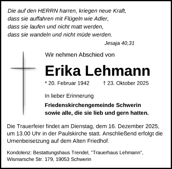 Traueranzeige von Erika Lehmann von Zeitung für die Landeshauptstadt