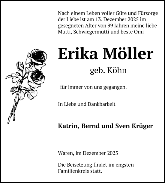 Traueranzeige von Erika Möller von Nordkurier Müritz-Zeitung