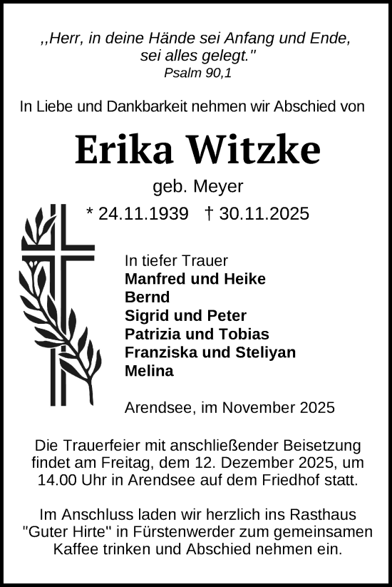 Traueranzeige von Erika Witzke von Uckermark Kurier Prenzlauer Zeitung