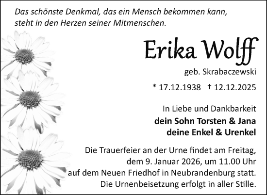 Traueranzeige von Erika Wolff von Nordkurier Neubrandenburger Zeitung