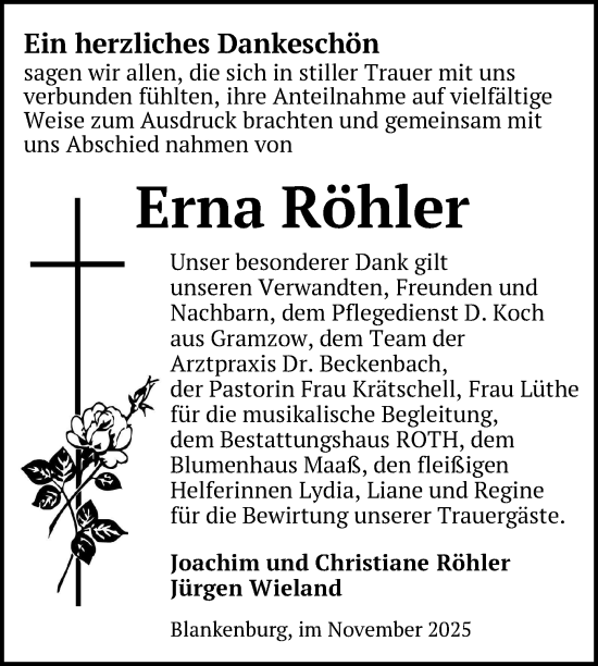 Traueranzeige von Erna Röhler von Uckermark Kurier Prenzlauer Zeitung