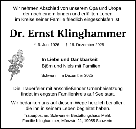 Traueranzeige von Ernst Klinghammer von Zeitung für die Landeshauptstadt
