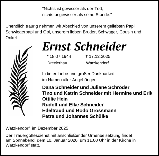Traueranzeige von Ernst Schneider von Nordkurier Strelitzer Zeitung