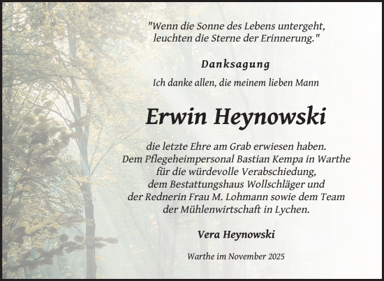 Traueranzeige von Erwin Heynowski von Uckermark Kurier Templiner Zeitung