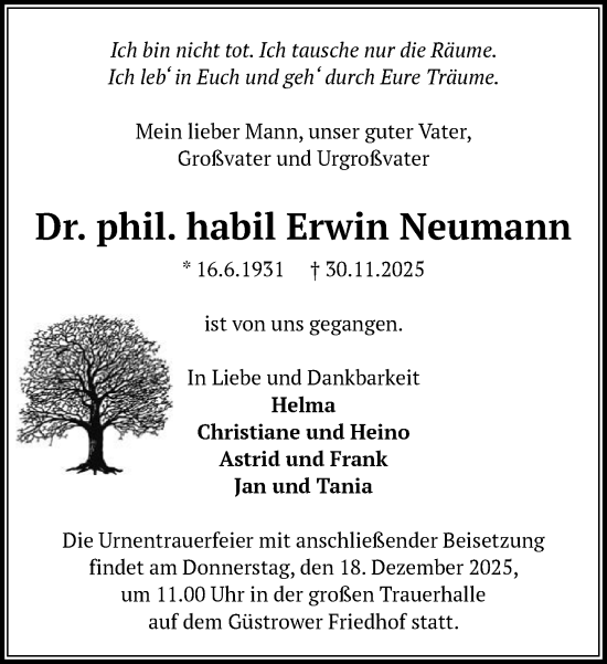 Traueranzeige von Erwin Neumann von Güstrow und Bützow