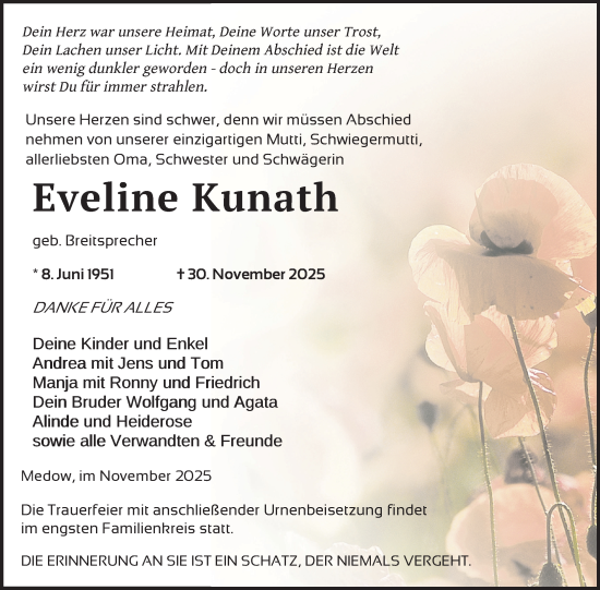 Traueranzeige von Eveline Kunath von Nordkurier Vorpommern Kurier