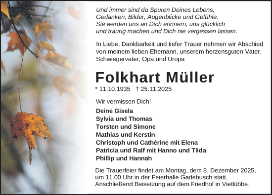 Traueranzeige von Folkhart Müller von Gadebusch - Rehnaer Zeitung
