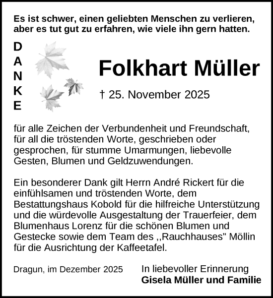 Traueranzeige von Folkhart Müller von Gadebusch - Rehnaer Zeitung